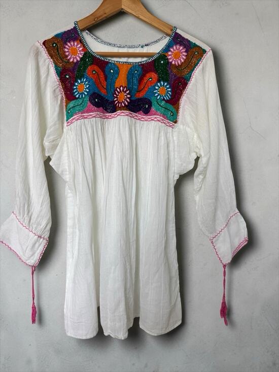 Handmade Tops - Handmade Mexican Embroidered Cotton Gauze Tunic Blouse Size S White Peasant